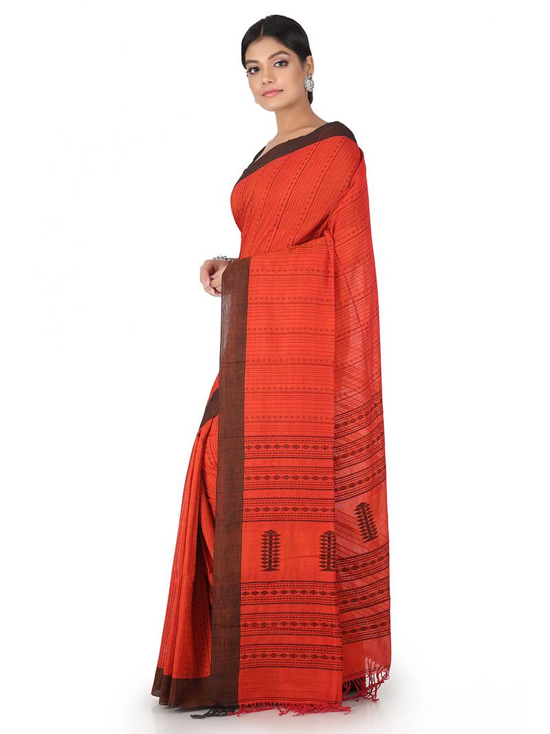 Orange Handwoven Cotton Jamdani With Blouse