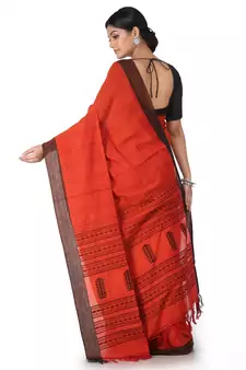 Orange Handwoven Cotton Jamdani With Blouse