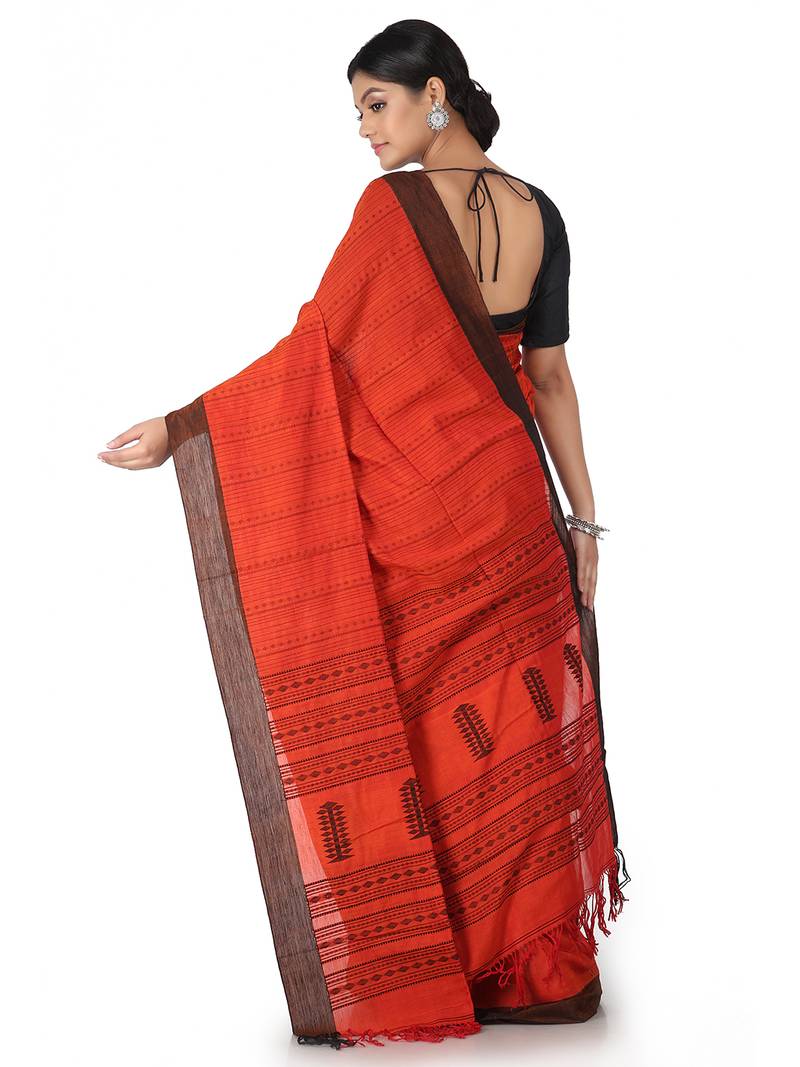 Orange Handwoven Cotton Jamdani With Blouse