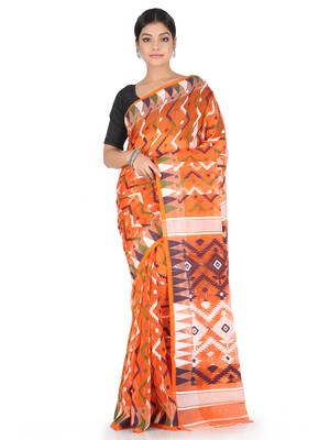 Orange Handwoven Cotton Jamdani Without Blouse 1