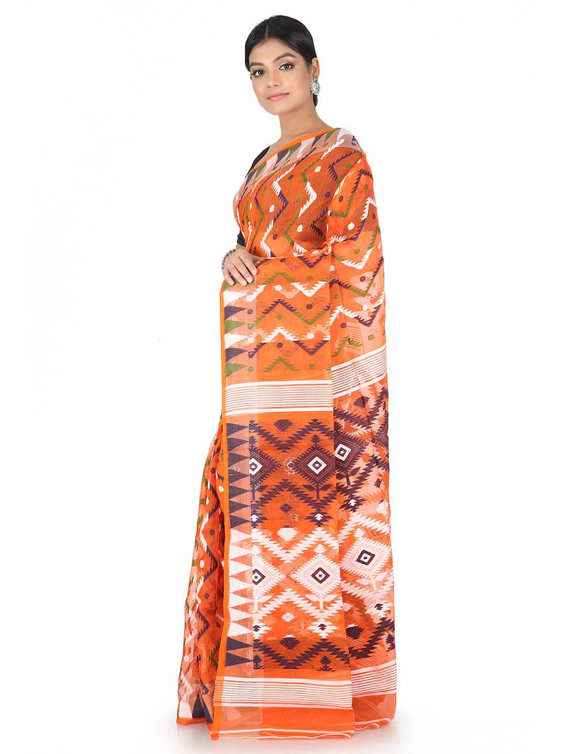Orange Handwoven Cotton Jamdani Without Blouse
