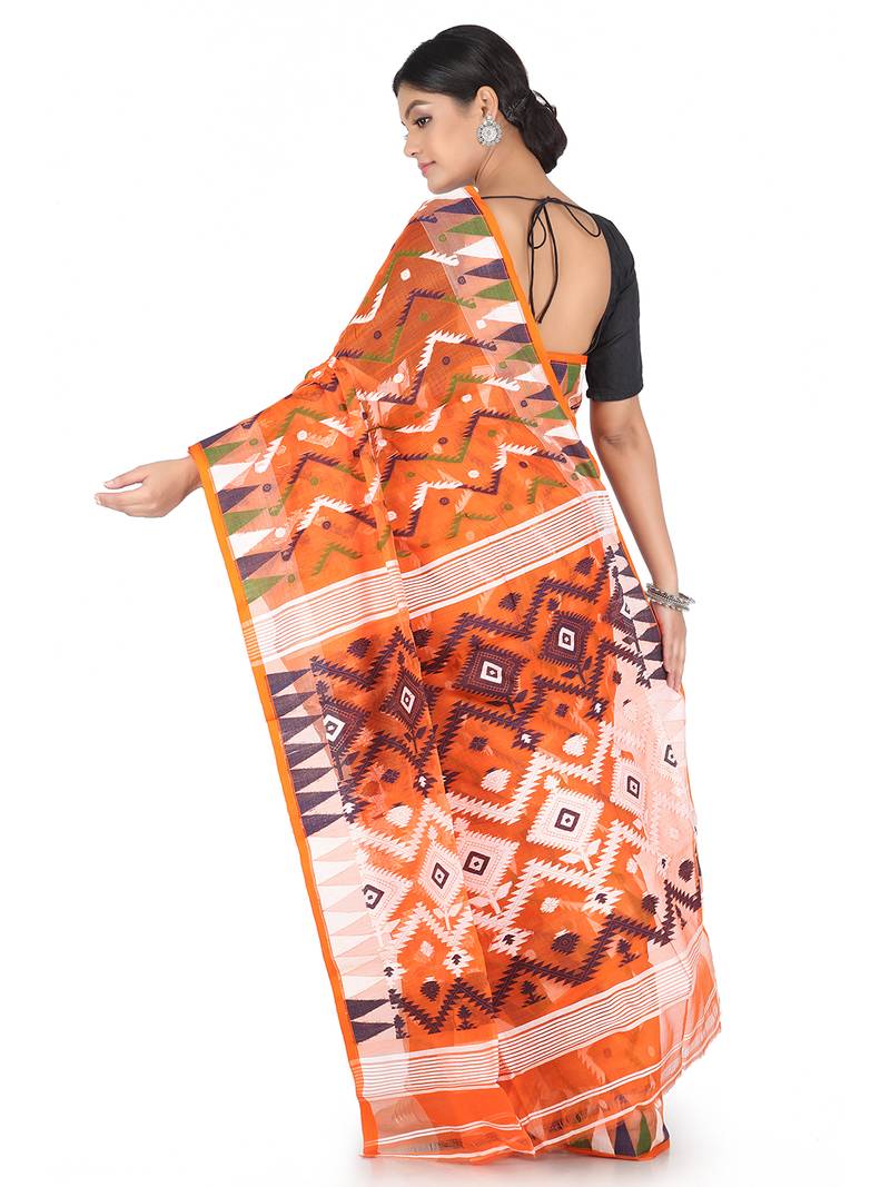 Orange Handwoven Cotton Jamdani Without Blouse