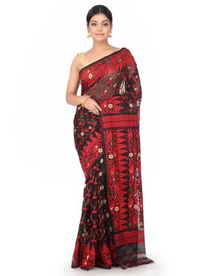 Black Handwoven Cotton Jamdani Without Blouse 1