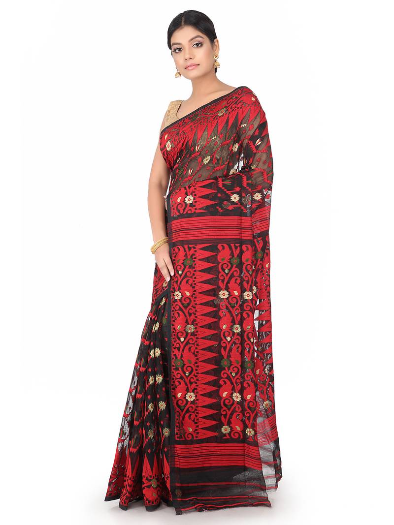 Black Handwoven Cotton Jamdani Without Blouse