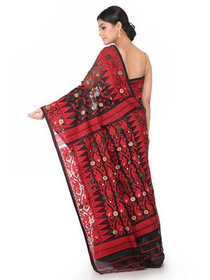Black Handwoven Cotton Jamdani Without Blouse 3