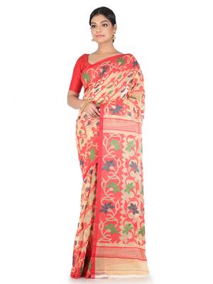 Beige Handwoven Cotton Jamdani Without Blouse 1