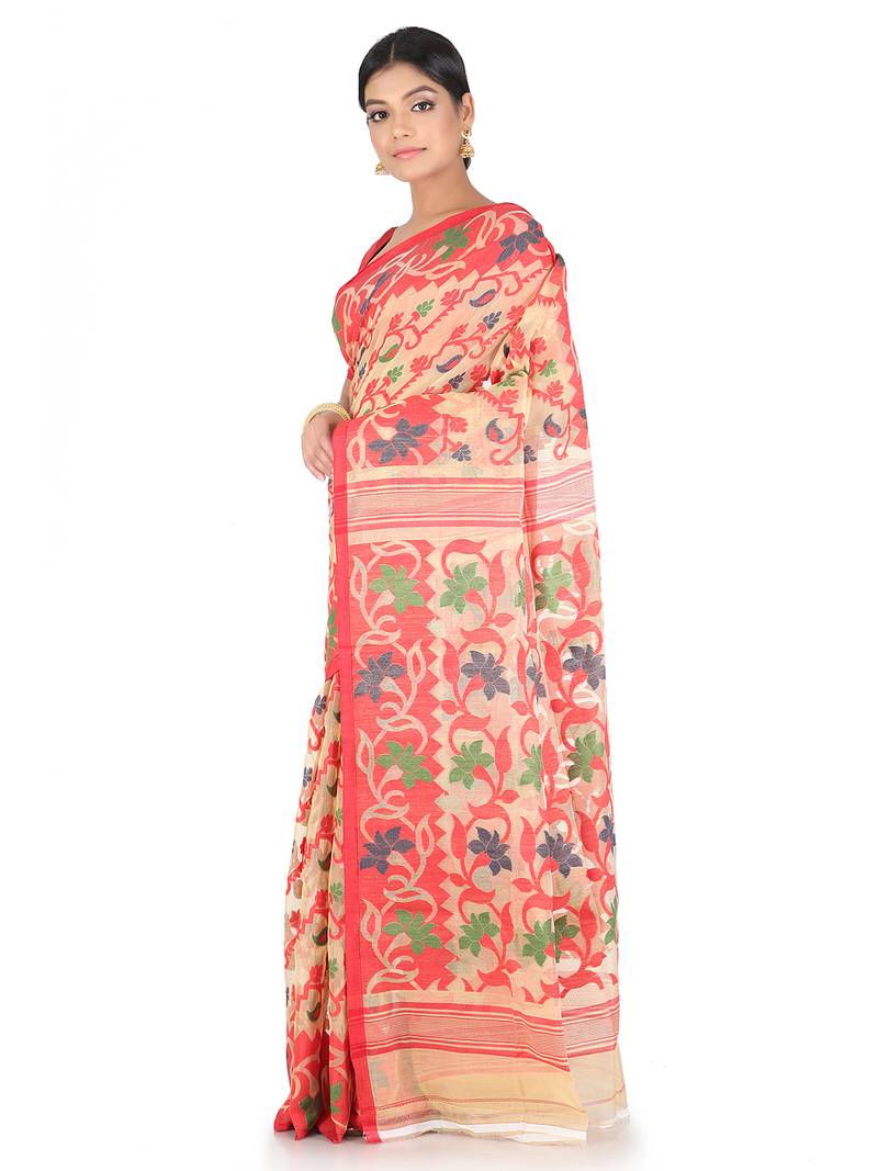 Beige Handwoven Cotton Jamdani Without Blouse