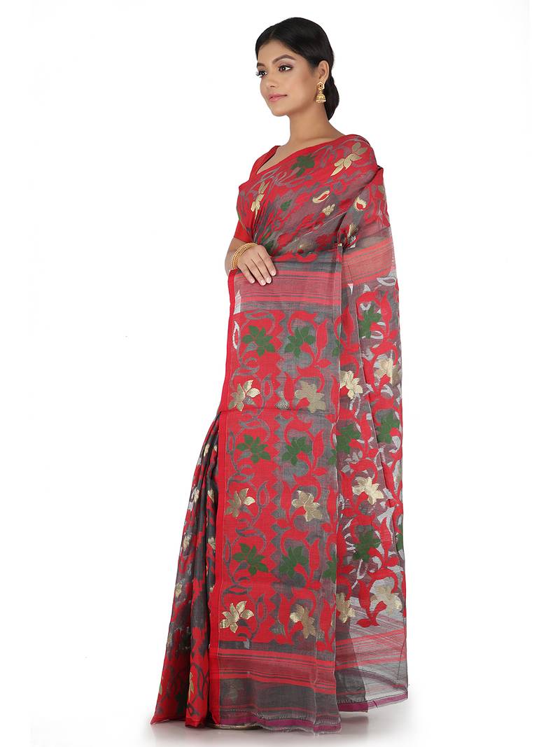 Grey Handwoven Cotton Jamdani Without Blouse