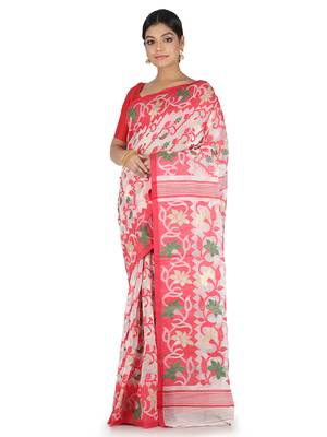 White Handwoven Cotton Jamdani Without Blouse 1