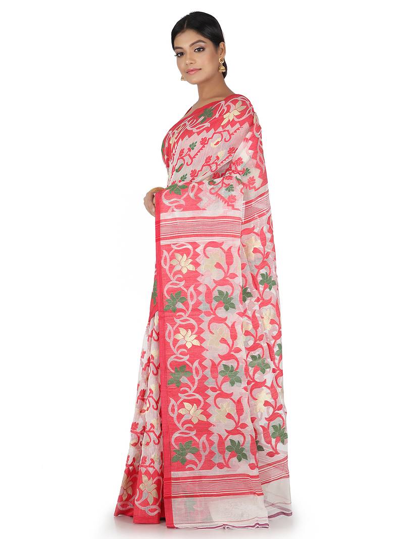 White Handwoven Cotton Jamdani Without Blouse