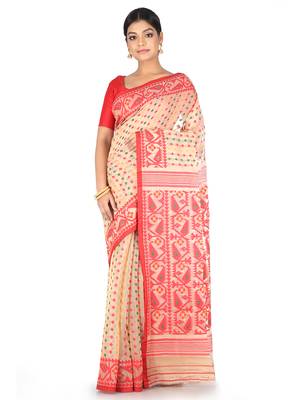Beige Handwoven Cotton Jamdani Without Blouse 1