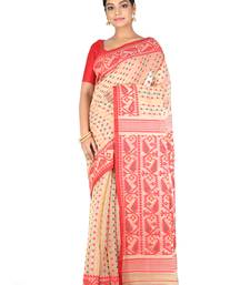 Beige Handwoven Cotton Jamdani Without Blouse