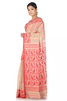 Beige Handwoven Cotton Jamdani Without Blouse