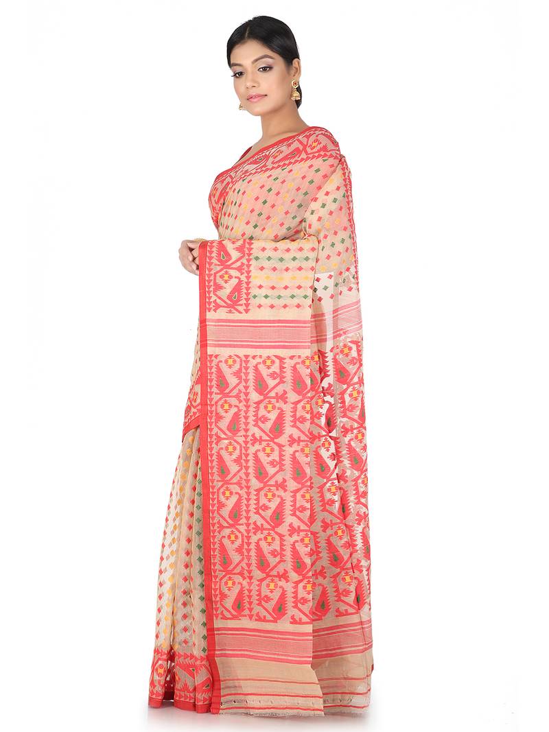 Beige Handwoven Cotton Jamdani Without Blouse