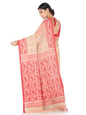 Beige Handwoven Cotton Jamdani Without Blouse 3