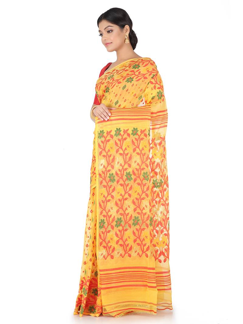 Yellow Handwoven Cotton Jamdani Without Blouse