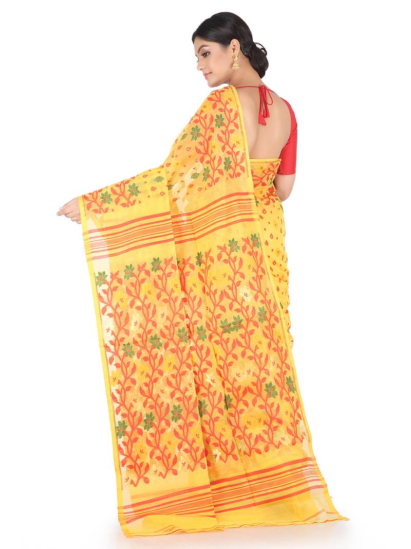 Yellow Handwoven Cotton Jamdani Without Blouse