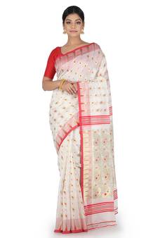 White Handwoven Cotton Silk Jamdani Without Blouse