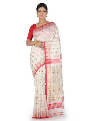 White Handwoven Cotton Silk Jamdani Without Blouse 1