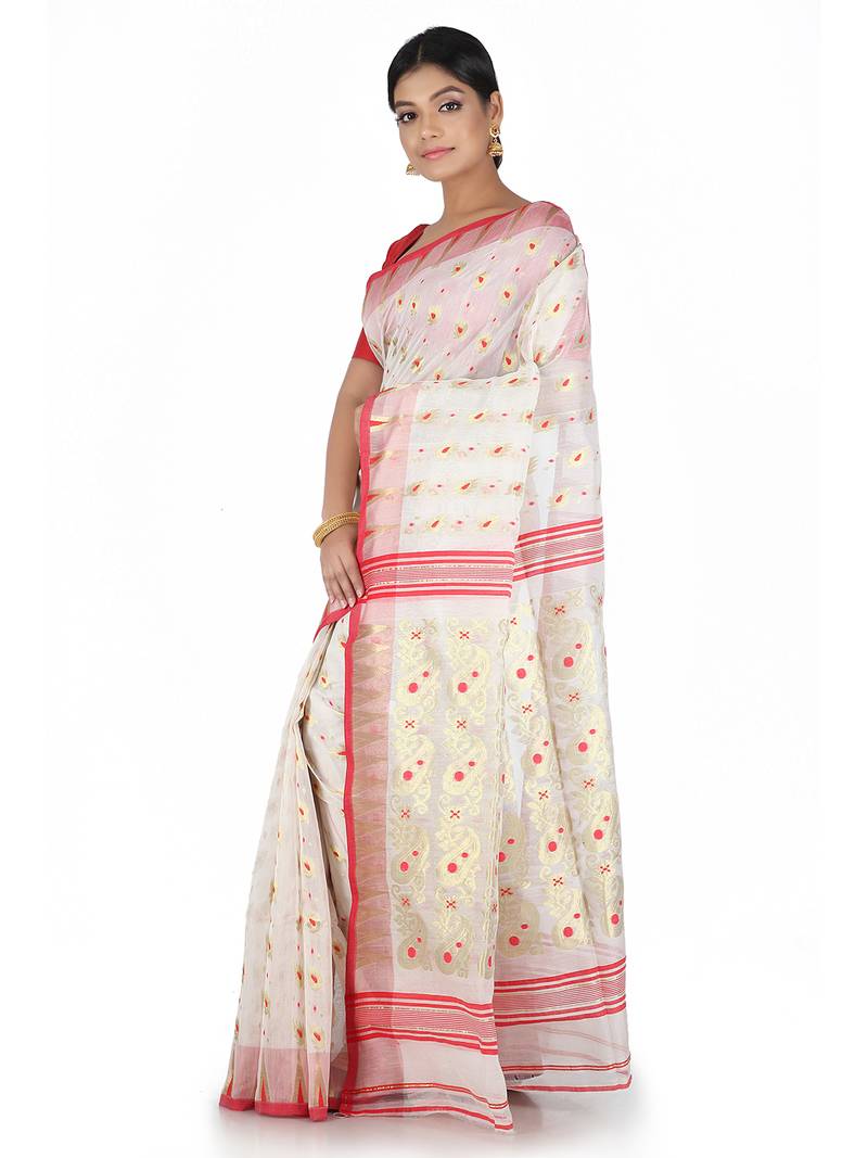 White Handwoven Cotton Silk Jamdani Without Blouse