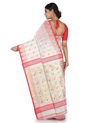 White Handwoven Cotton Silk Jamdani Without Blouse 3