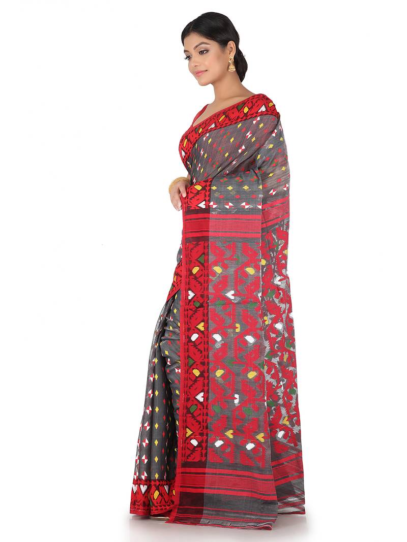 Grey Handwoven Cotton Jamdani Without Blouse