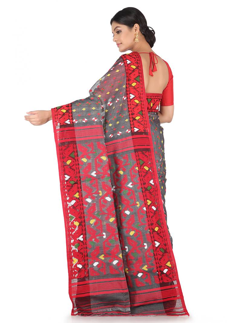 Grey Handwoven Cotton Jamdani Without Blouse