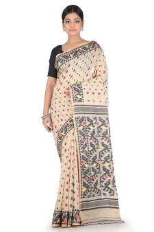 Beige Handwoven Cotton Jamdani Without Blouse