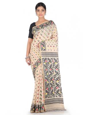 Beige Handwoven Cotton Jamdani Without Blouse 1