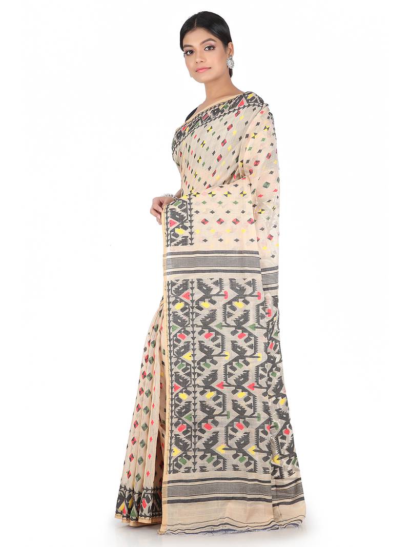 Beige Handwoven Cotton Jamdani Without Blouse