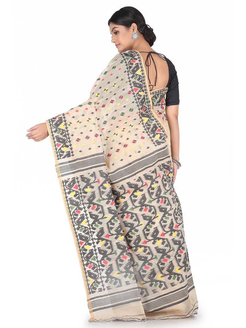Beige Handwoven Cotton Jamdani Without Blouse
