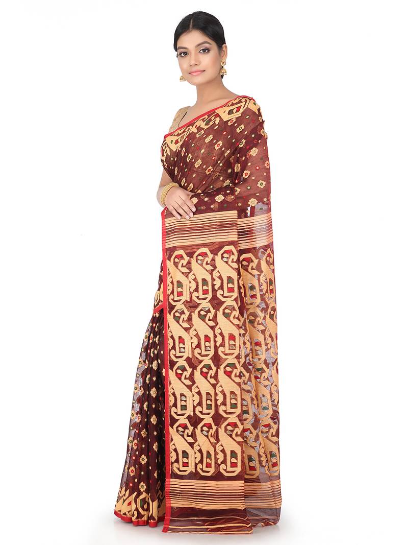 Multicolor Handwoven Cotton Jamdani Without Blouse