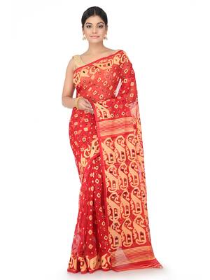 Red Handwoven Cotton Jamdani Without Blouse 1