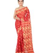 Red Handwoven Cotton Jamdani Without Blouse