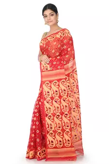 Red Handwoven Cotton Jamdani Without Blouse