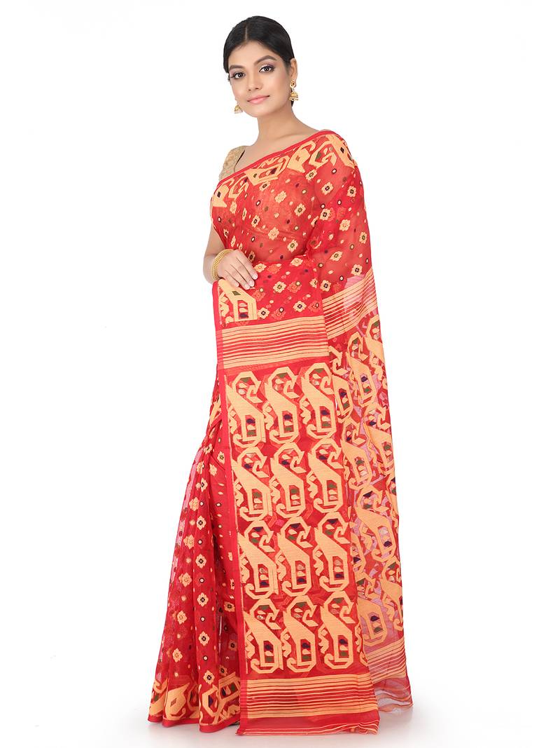 Red Handwoven Cotton Jamdani Without Blouse