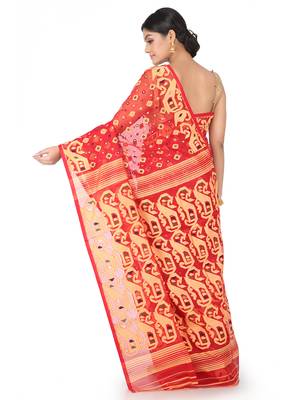 Red Handwoven Cotton Jamdani Without Blouse 3