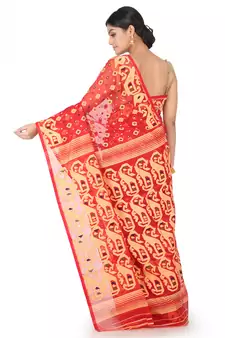 Red Handwoven Cotton Jamdani Without Blouse