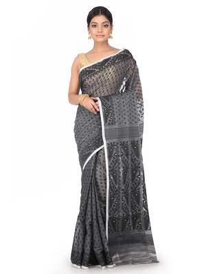 Grey Handwoven Cotton Jamdani Without Blouse 1