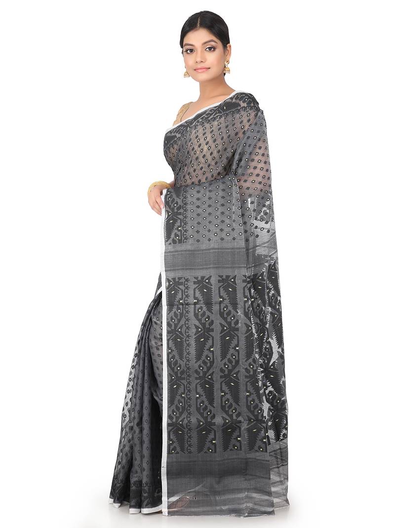 Grey Handwoven Cotton Jamdani Without Blouse