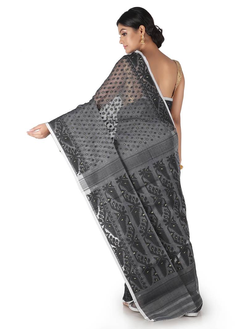 Grey Handwoven Cotton Jamdani Without Blouse