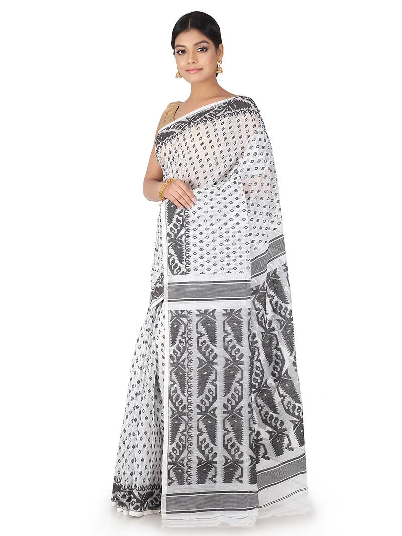White Handwoven Cotton Jamdani Without Blouse