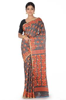 Grey Handwoven Cotton Jamdani Without Blouse