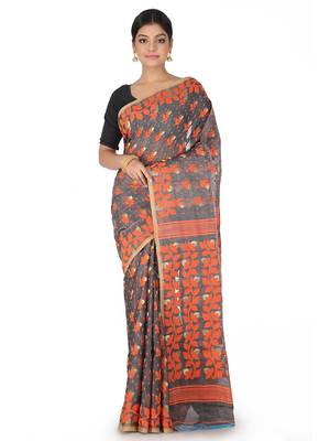 Grey Handwoven Cotton Jamdani Without Blouse 1