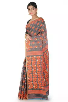 Grey Handwoven Cotton Jamdani Without Blouse