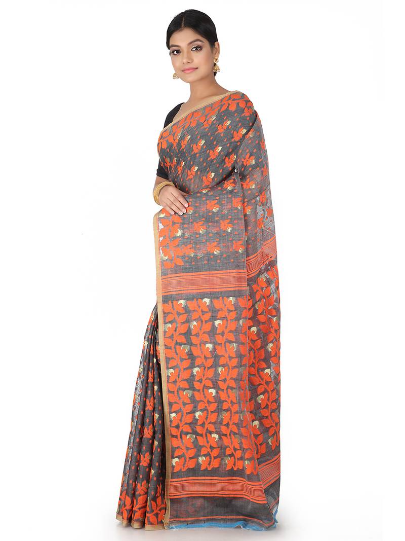 Grey Handwoven Cotton Jamdani Without Blouse