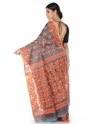 Grey Handwoven Cotton Jamdani Without Blouse 3