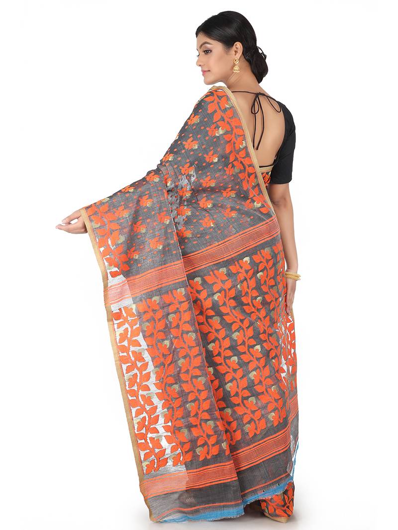 Grey Handwoven Cotton Jamdani Without Blouse