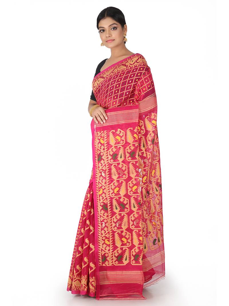 Pink Handwoven Cotton Jamdani Without Blouse