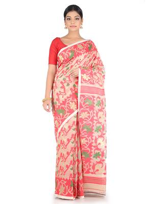 Beige Handwoven Cotton Jamdani Without Blouse 1